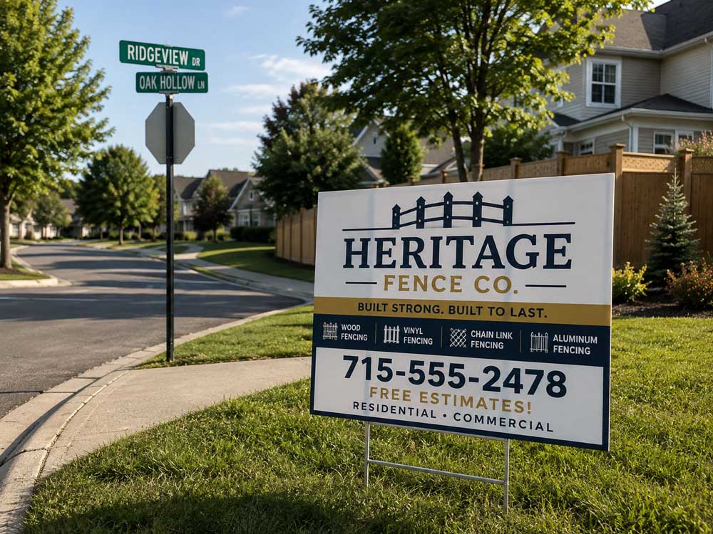 Custom fencing contractor yard sign at a residential jobsite