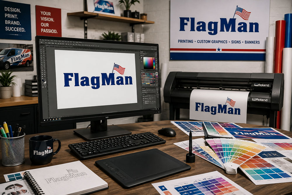 FlagMan Sports Store print shop workspace in Centerville, MA